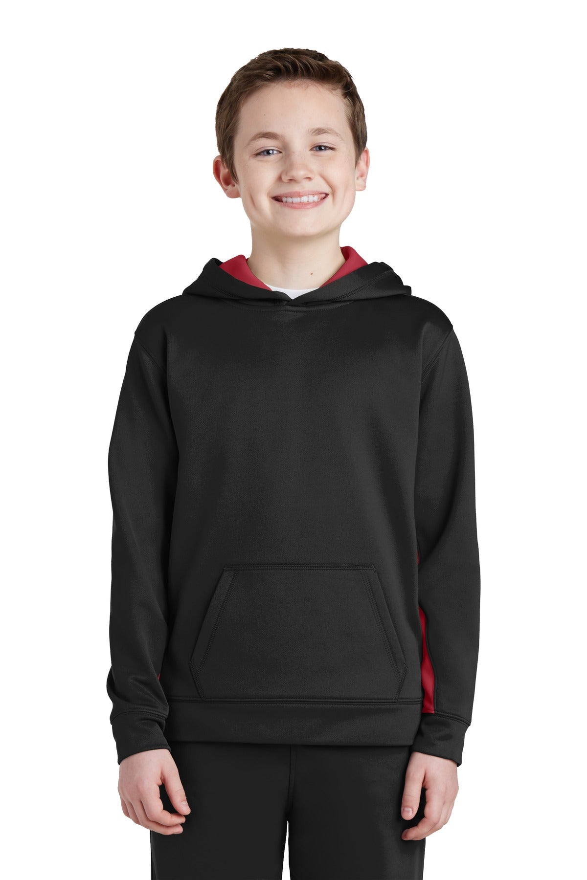 Front View of Blk/Deep Red Sport-Tek Youth Sport-Wick Fleece Colorblock Hooded Pullover. YST235