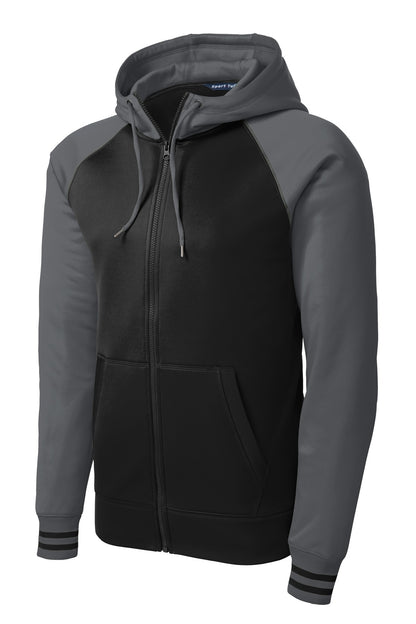 Front View of Blk/Dk Smk Gry Sport-Tek Sport-Wick Varsity Fleece Full-Zip Hooded Jacket. ST236