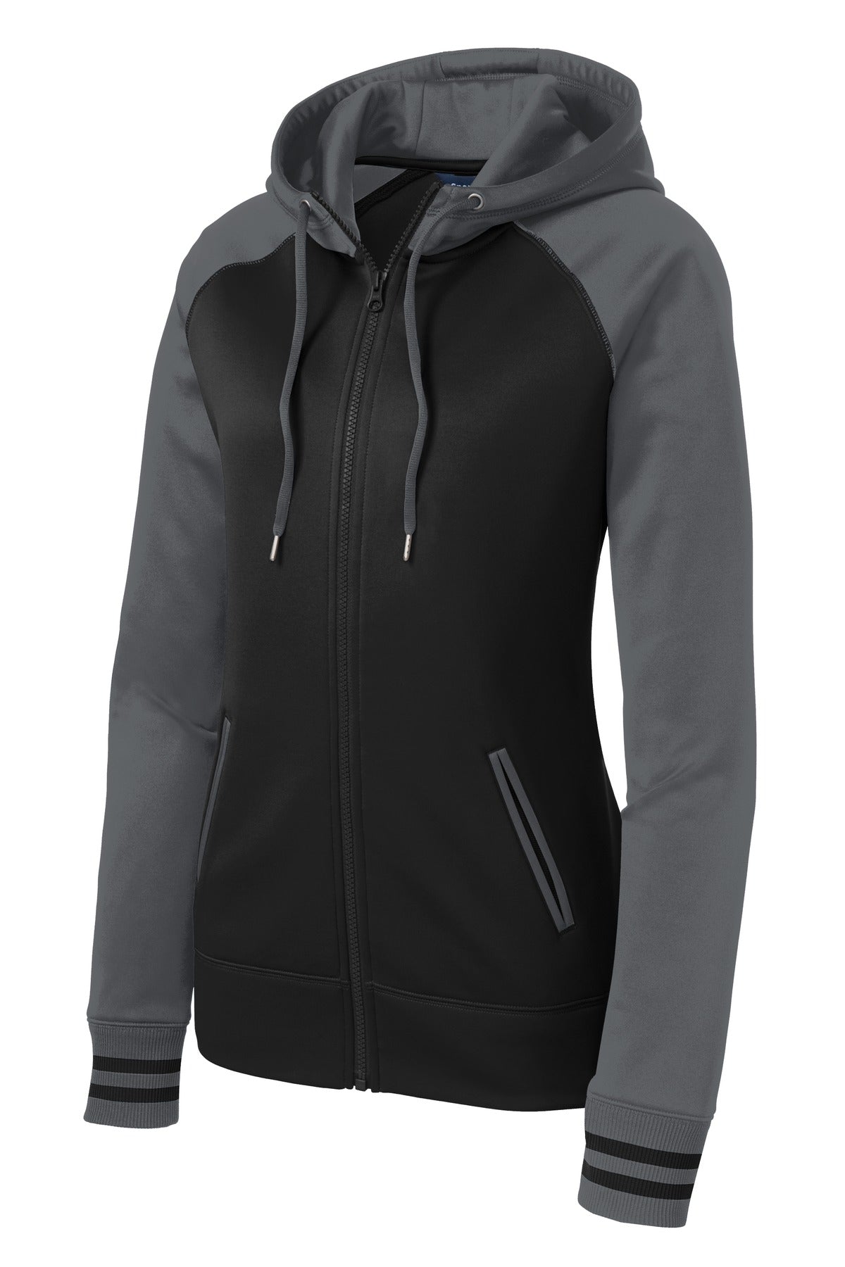 Front View of Blk/Dk Smk Gry Sport-Tek Women's Sport-Wick Varsity Fleece Full-Zip Hooded Jacket. LST236