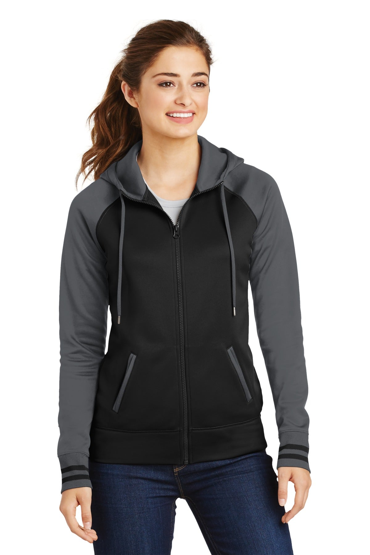 Front View of Blk/Dk Smk Gry Sport-Tek Women's Sport-Wick Varsity Fleece Full-Zip Hooded Jacket. LST236