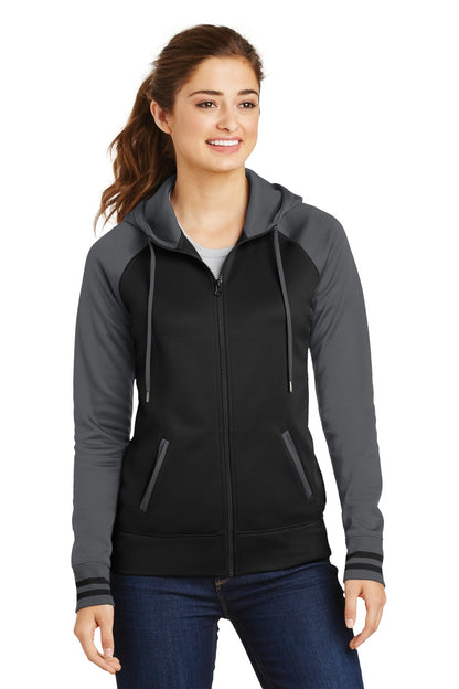 Front View of Blk/Dk Smk Gry Sport-Tek Women's Sport-Wick Varsity Fleece Full-Zip Hooded Jacket. LST236
