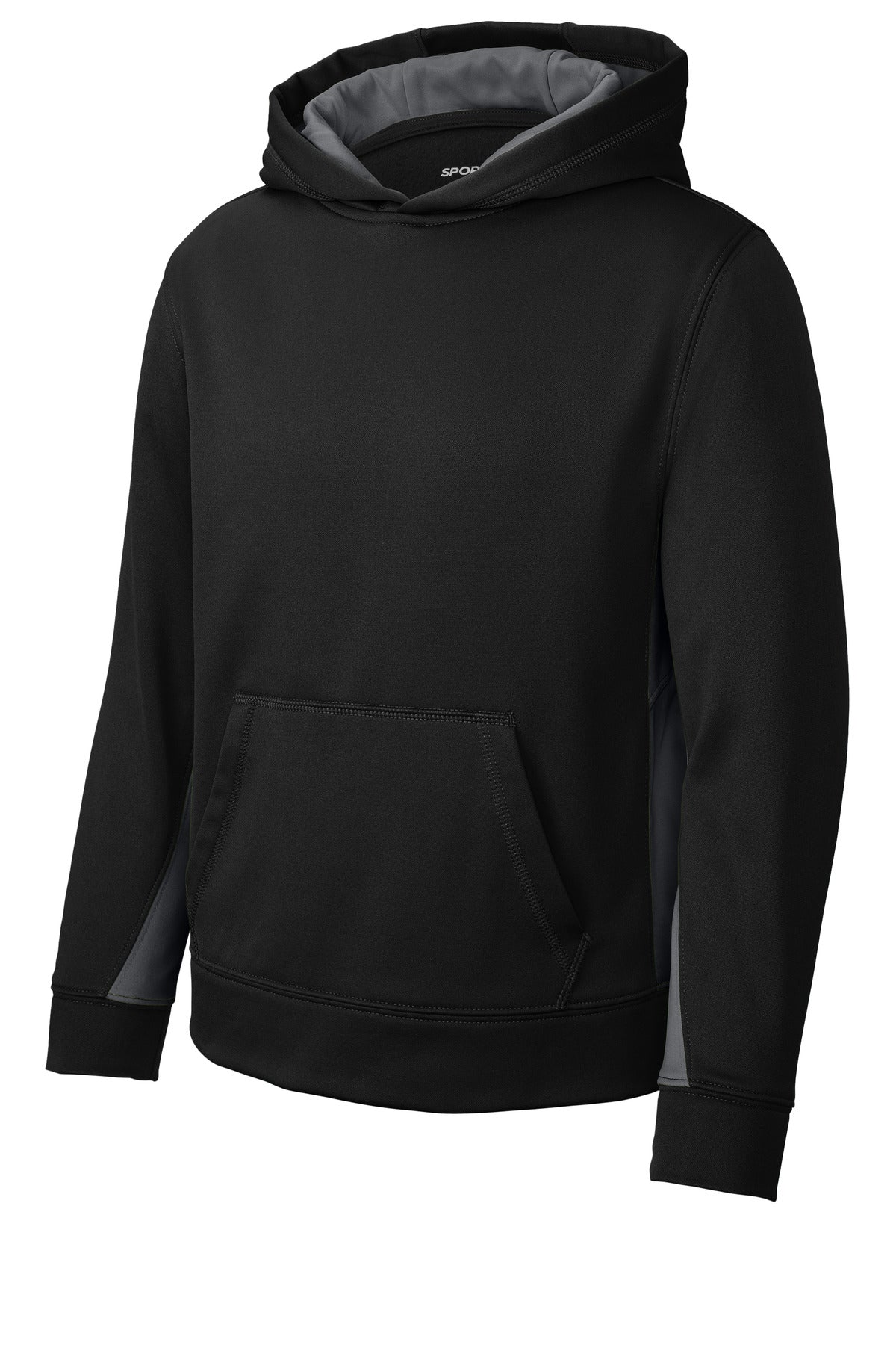 Front View of Blk/Dk Smk Gry Sport-Tek Youth Sport-Wick Fleece Colorblock Hooded Pullover. YST235
