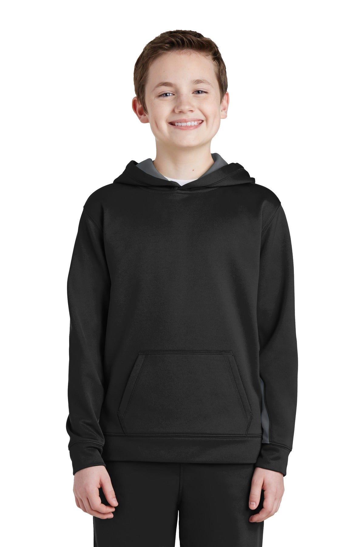 Front View of Blk/Dk Smk Gry Sport-Tek Youth Sport-Wick Fleece Colorblock Hooded Pullover. YST235