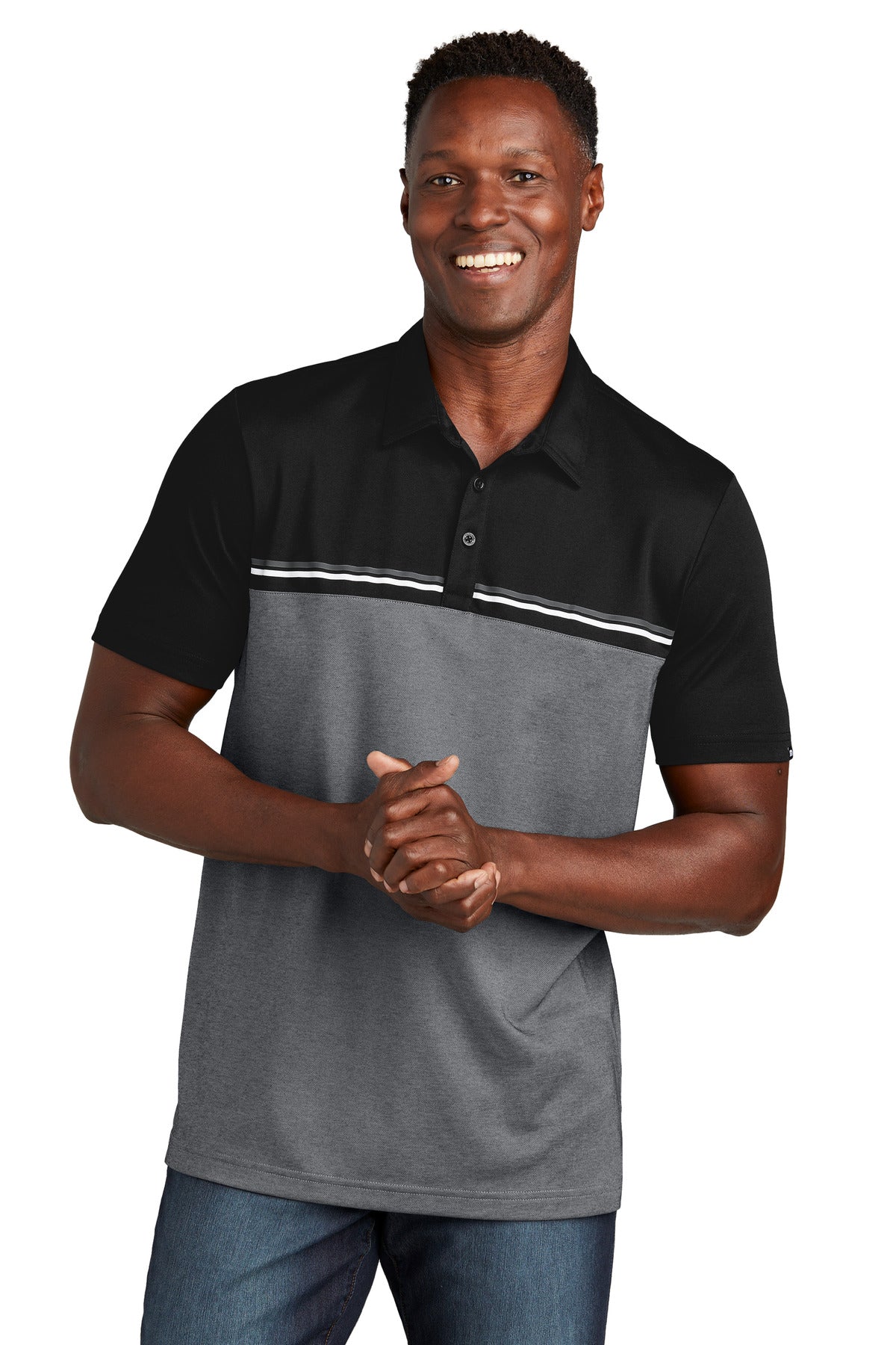 Front View of Blk/DkGyHt TravisMathew Sunset Blocked Polo TM1MY401