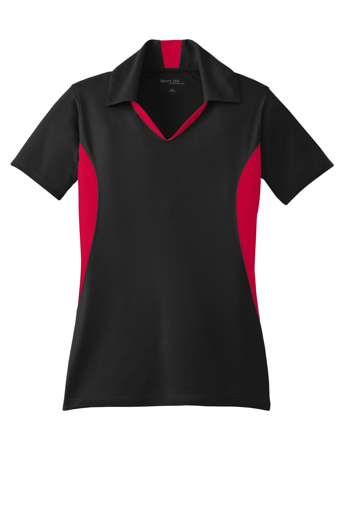 Front View of Blk/DpRed Sport-Tek Women's Side Blocked Micropique Sport-Wick Polo. LST655