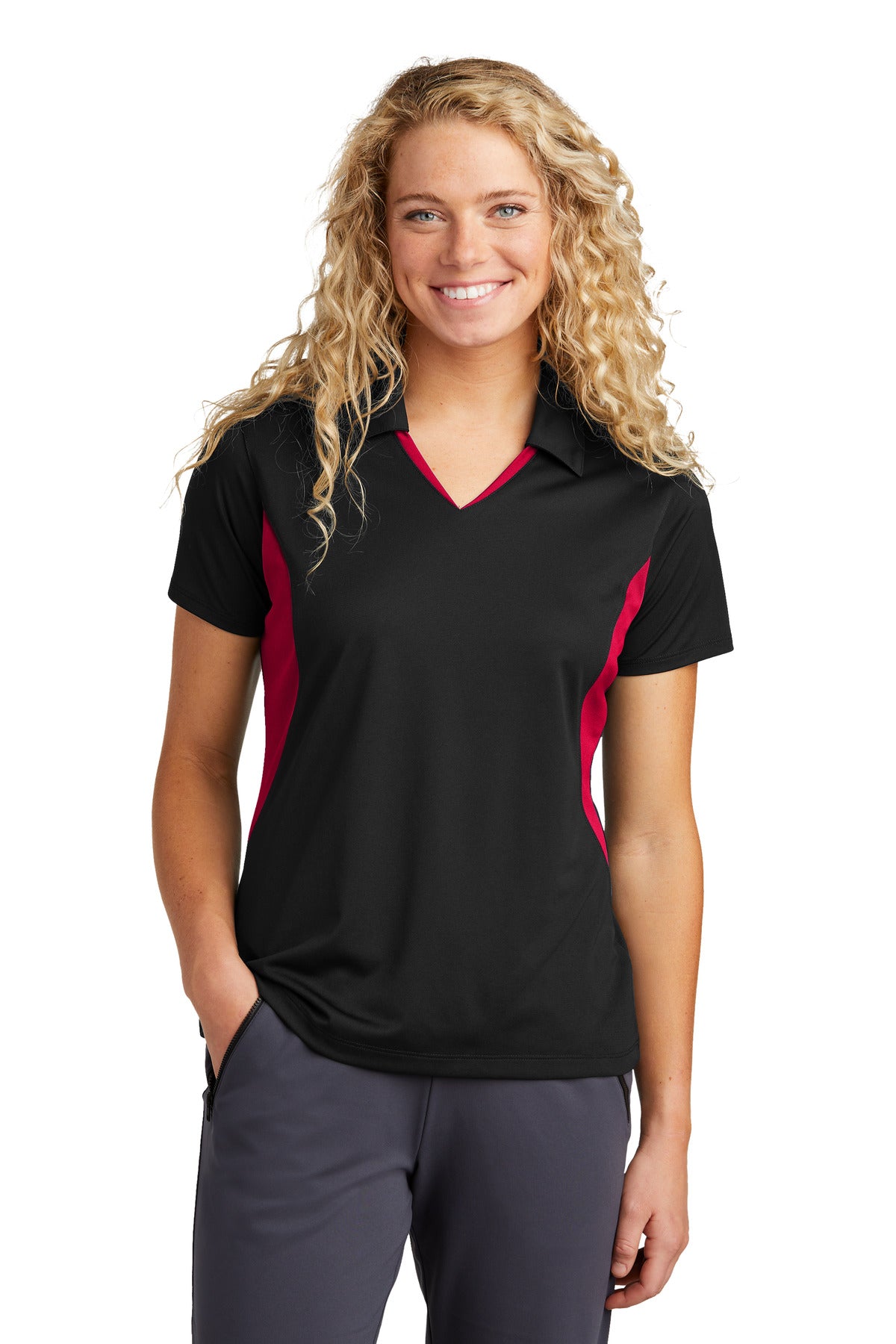 Front View of Blk/DpRed Sport-Tek Women's Side Blocked Micropique Sport-Wick Polo. LST655