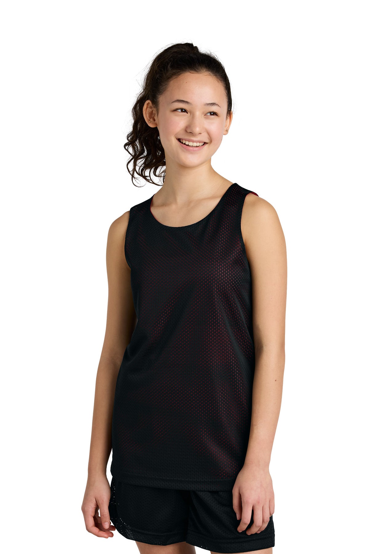 Front View of Blk/DpRed Sport-Tek Youth PosiCharge Reversible Mesh Tank YST5000