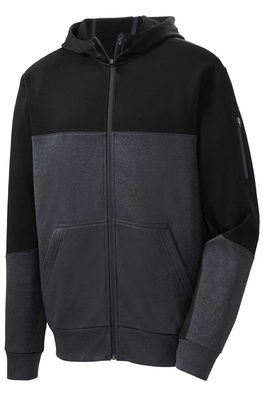 Front View of Blk/Gph/Black Sport-Tek Tech Fleece Colorblock Full-Zip Hooded Jacket. ST245