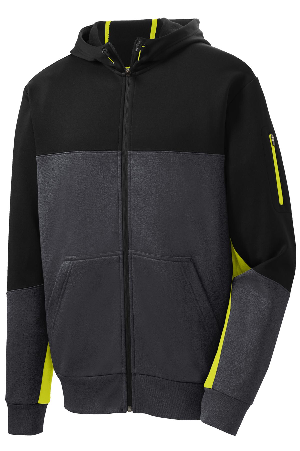 Front View of Blk/Gph/Citron Sport-Tek Tech Fleece Colorblock Full-Zip Hooded Jacket. ST245