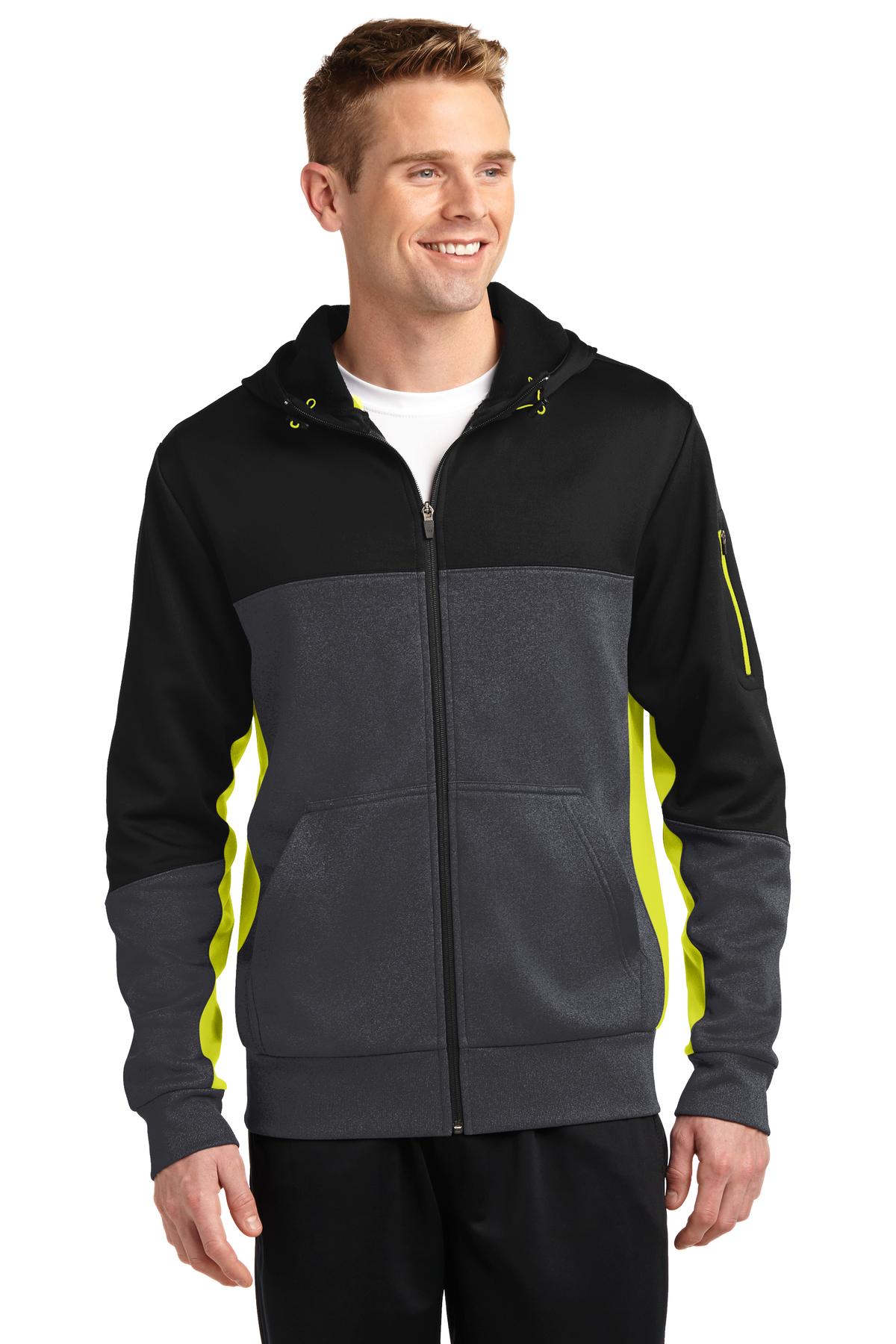 Front View of Blk/Gph/Citron Sport-Tek Tech Fleece Colorblock Full-Zip Hooded Jacket. ST245