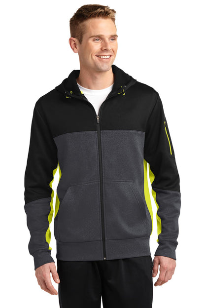 Front View of Blk/Gph/Citron Sport-Tek Tech Fleece Colorblock Full-Zip Hooded Jacket. ST245