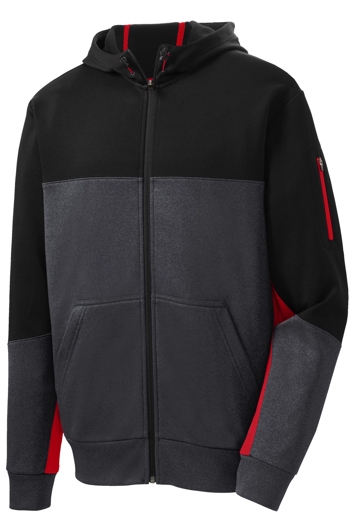 Front View of Blk/Gph/Tr Red Sport-Tek Tech Fleece Colorblock Full-Zip Hooded Jacket. ST245