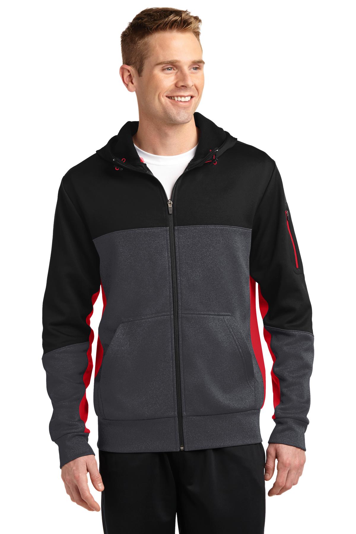 Front View of Blk/Gph/Tr Red Sport-Tek Tech Fleece Colorblock Full-Zip Hooded Jacket. ST245
