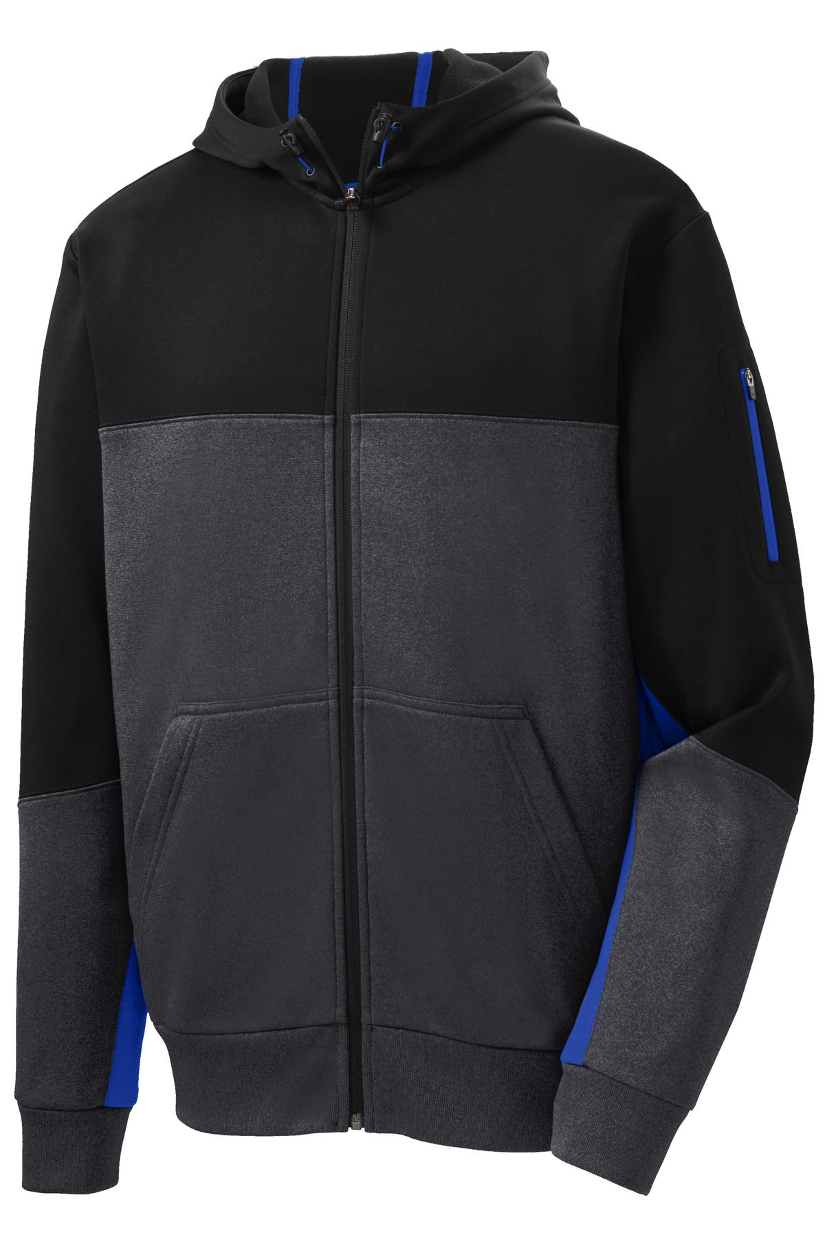 Front View of Blk/Gph/Tr Ryl Sport-Tek Tech Fleece Colorblock Full-Zip Hooded Jacket. ST245