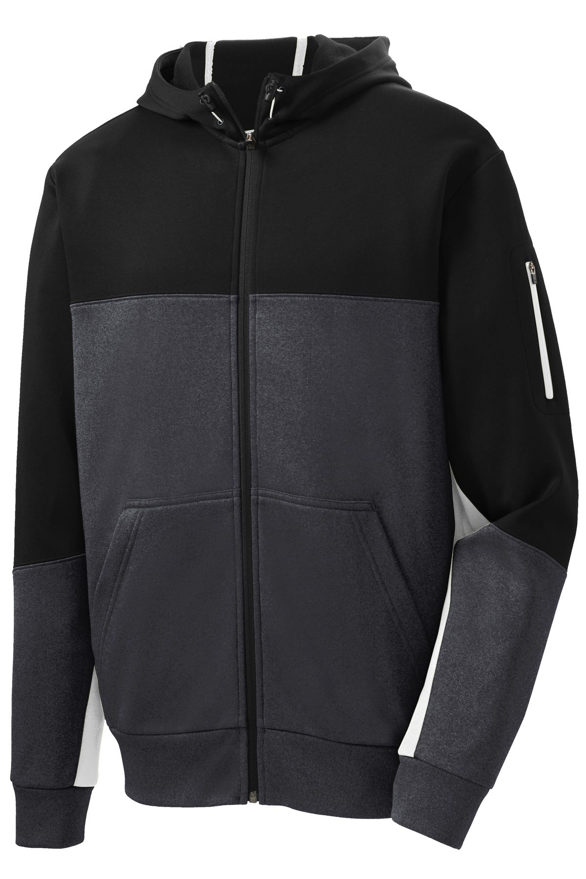 Front View of Blk/Gph/White Sport-Tek Tech Fleece Colorblock Full-Zip Hooded Jacket. ST245