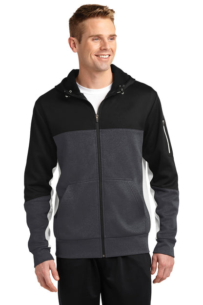 Front View of Blk/Gph/White Sport-Tek Tech Fleece Colorblock Full-Zip Hooded Jacket. ST245