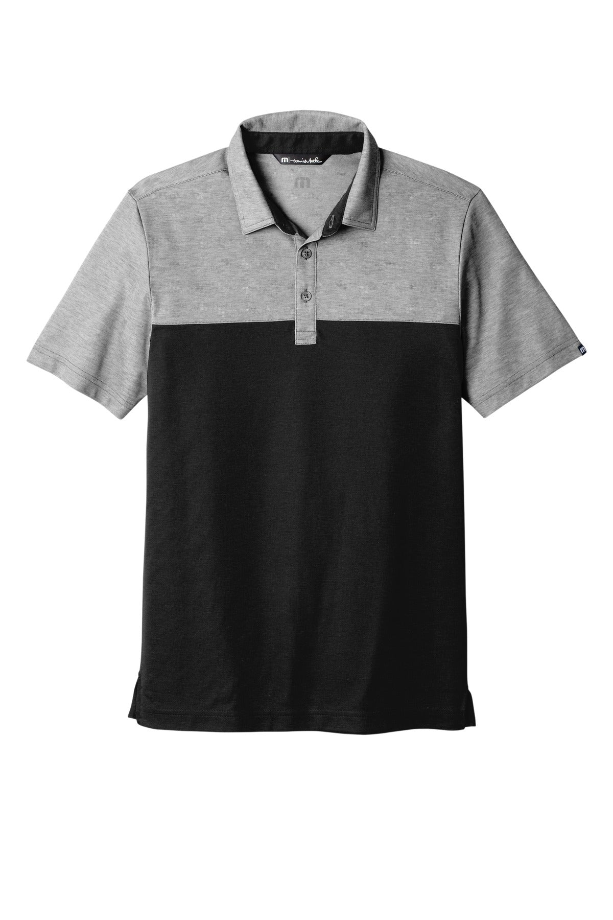 Front View of BlkHth/Blk TravisMathew Oceanside Blocked Polo. TM1MU414