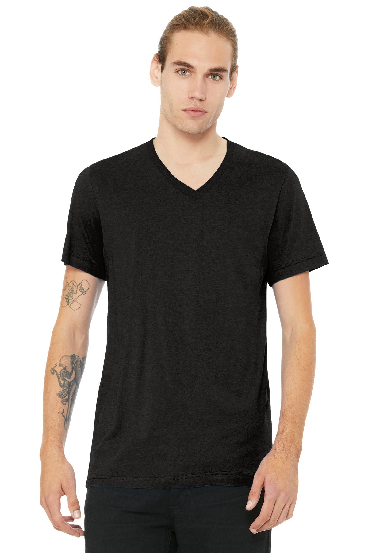 Front View of BlkHthr BELLA+CANVAS Unisex Heather CVC V-Neck Tee BC3005CVC
