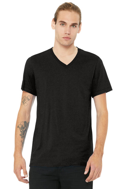 Front View of BlkHthr BELLA+CANVAS Unisex Heather CVC V-Neck Tee BC3005CVC