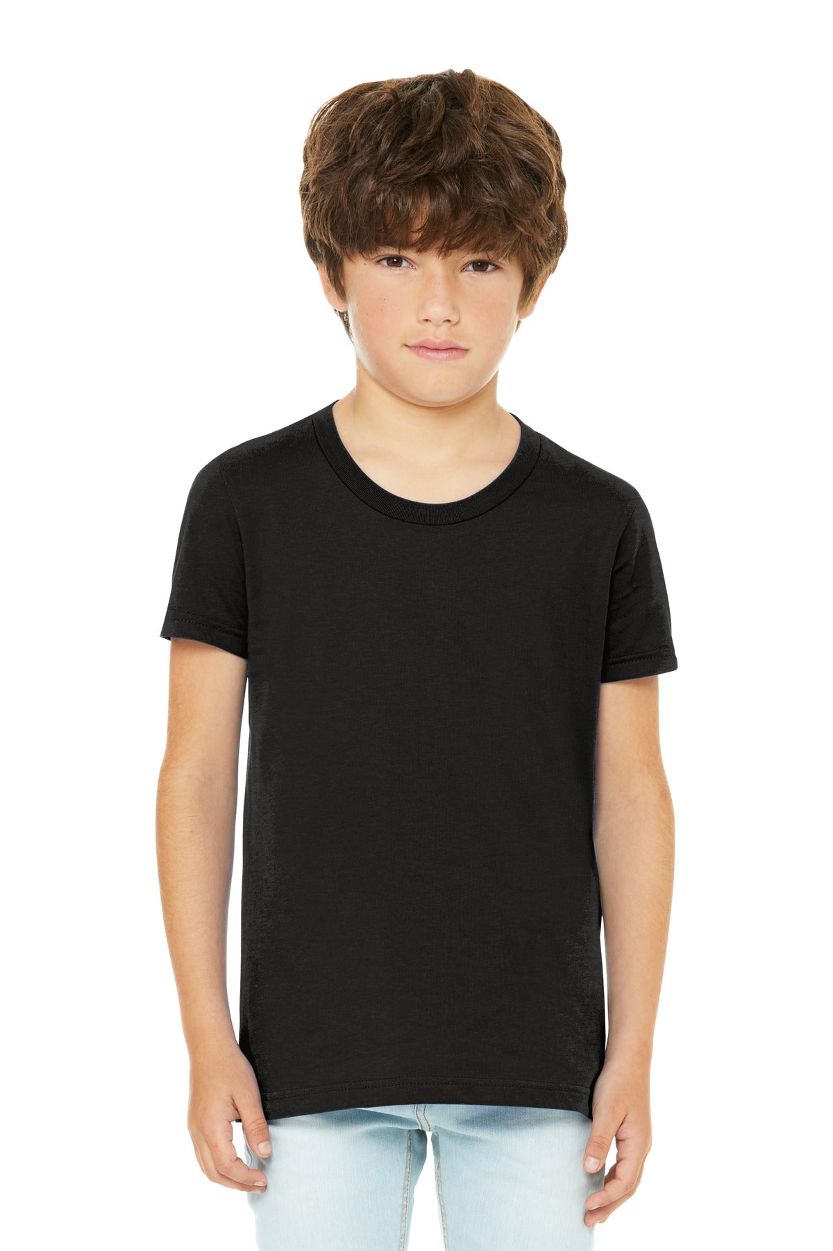 Front View of BlkHthr BELLA+CANVAS Youth Heather CVC Tee BC3001YCVC