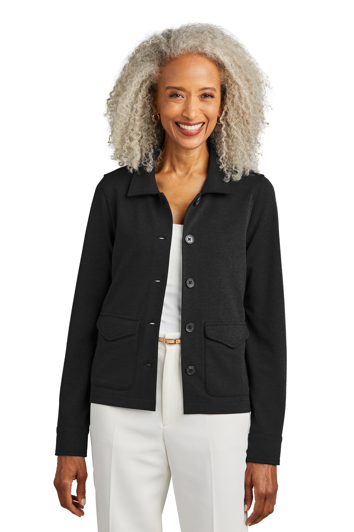 Front View of BlkHthr Brooks Brothers Women's Mid-Layer Stretch Button Jacket BB18205