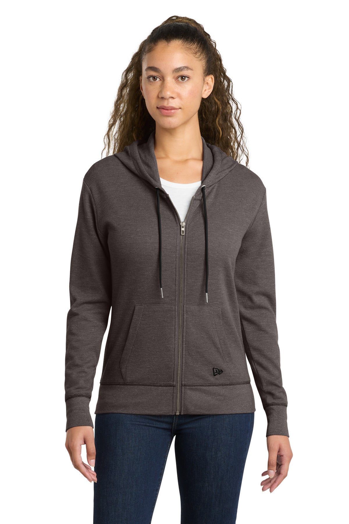 Front View of BlkHthr New Era Women's Thermal Full-Zip Hoodie LNEA141