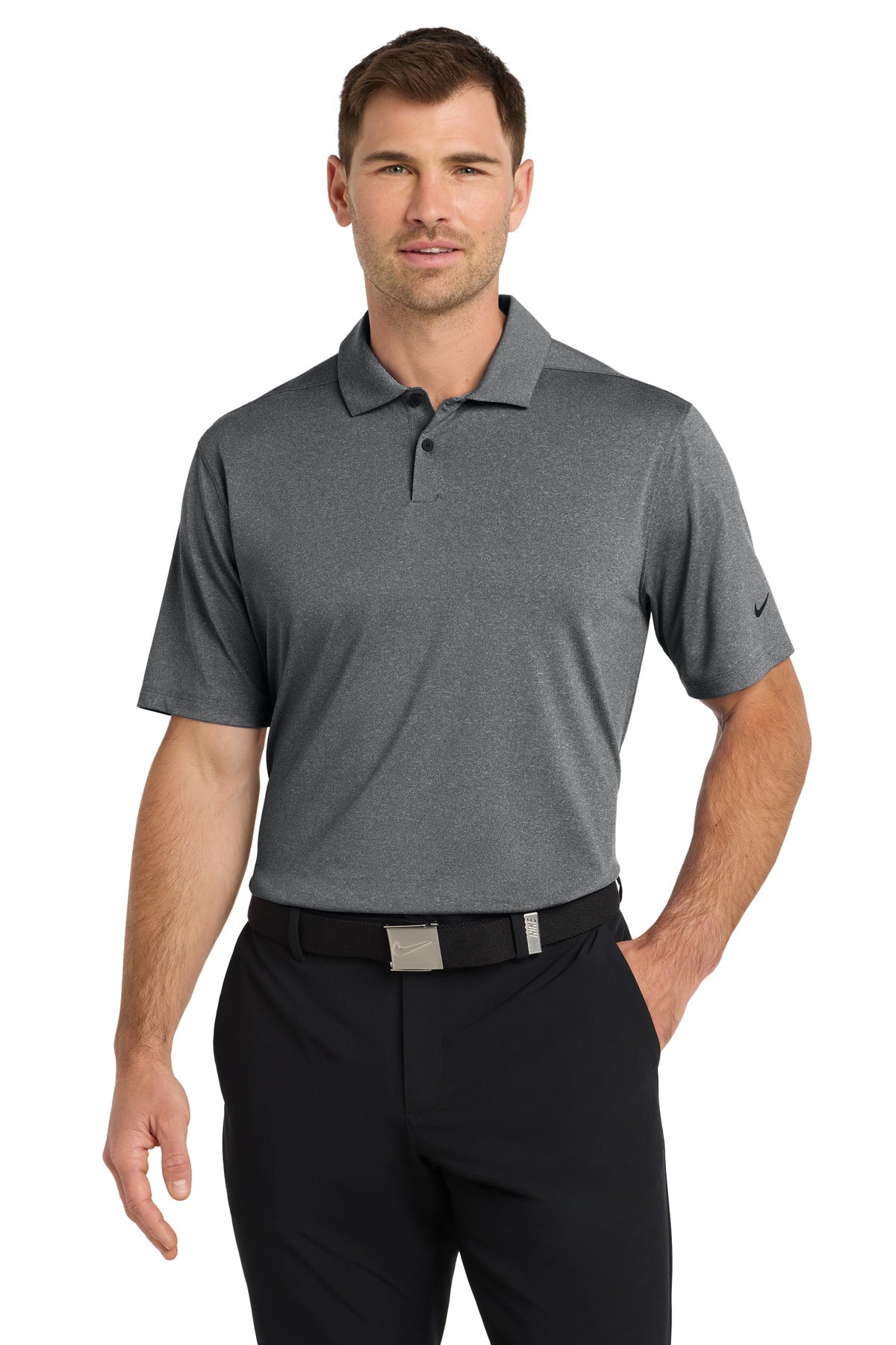Front View of BlkHthr Nike Dri-FIT Vapor Polo NKDC2108