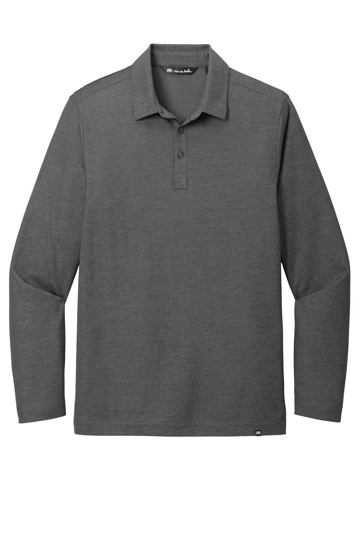 Front View of BlkHthr TravisMathew Oceanside Heather Long Sleeve Polo TM1MZ343