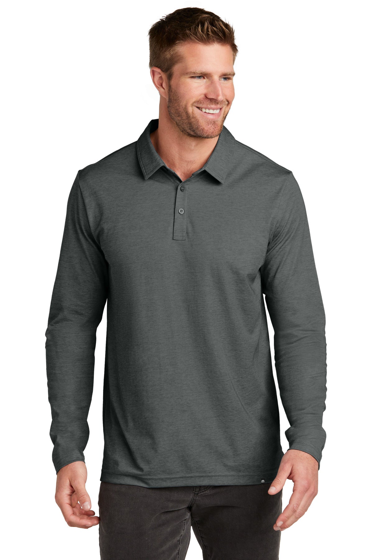 Front View of BlkHthr TravisMathew Oceanside Heather Long Sleeve Polo TM1MZ343