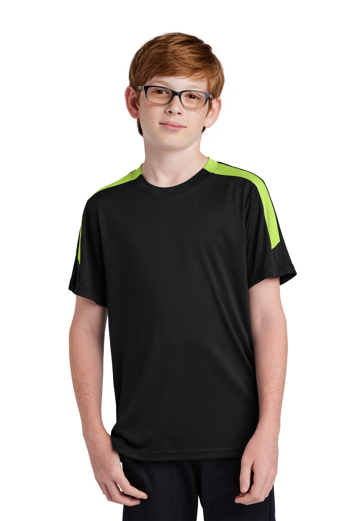 Front View of Blk/LmShk Sport-Tek Youth Competitor United Crew YST100