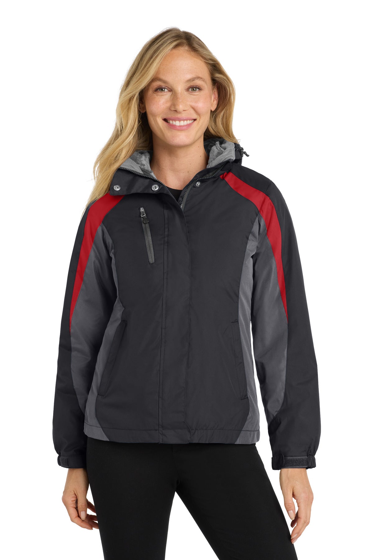Front View of Blk/Mg Gry/Red Port Authority Women's Colorblock 3-in-1 Jacket. L321