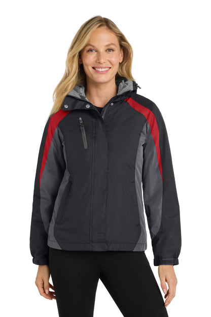 Front View of Blk/Mg Gry/Red Port Authority Women's Colorblock 3-in-1 Jacket. L321
