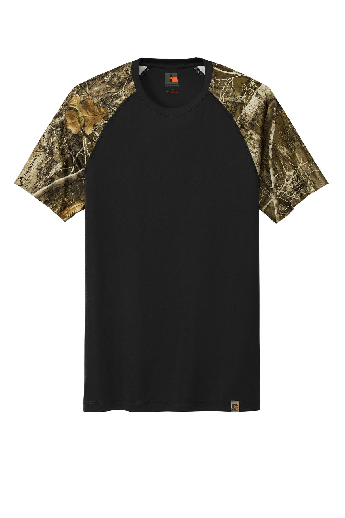 Front View of Blk/RTEdge Russell Outdoors Realtree Colorblock Performance Tee RU151