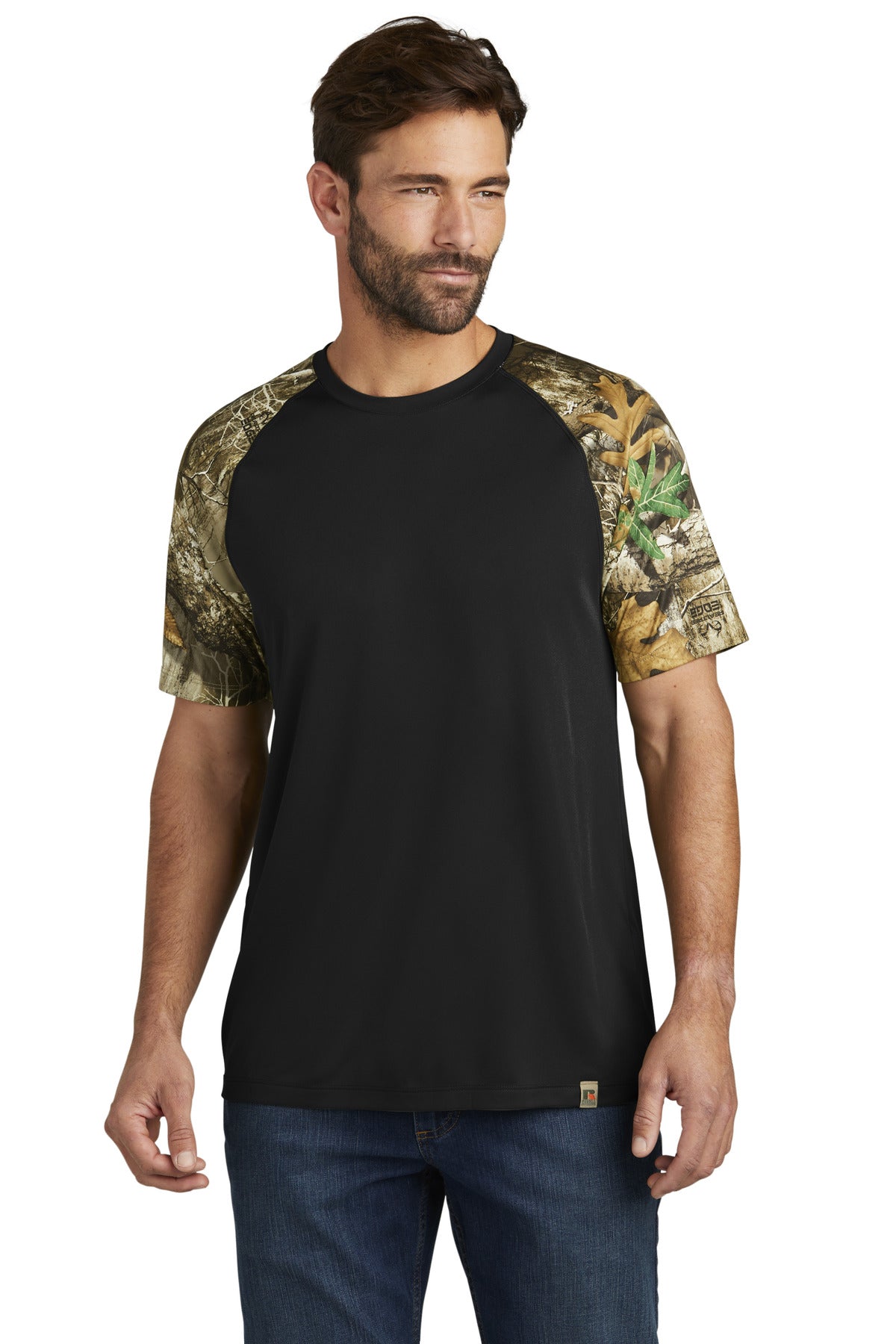 Front View of Blk/RTEdge Russell Outdoors Realtree Colorblock Performance Tee RU151