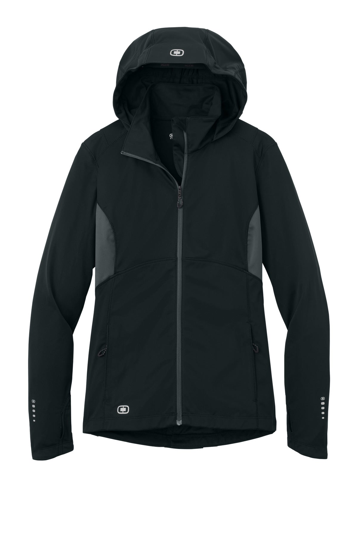 Front View of Blktp/Gear Gry OGIO Women's Pivot Soft Shell. LOE721