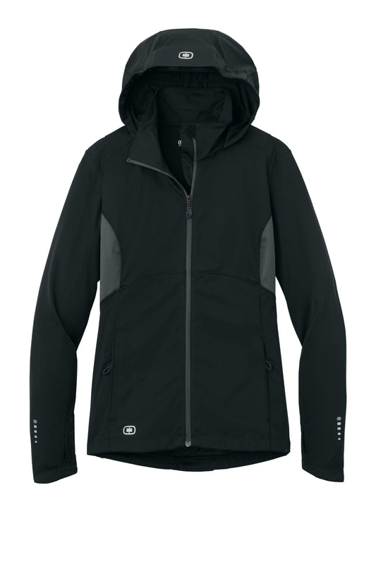 Front View of Blktp/Gear Gry OGIO Women's Pivot Soft Shell. LOE721