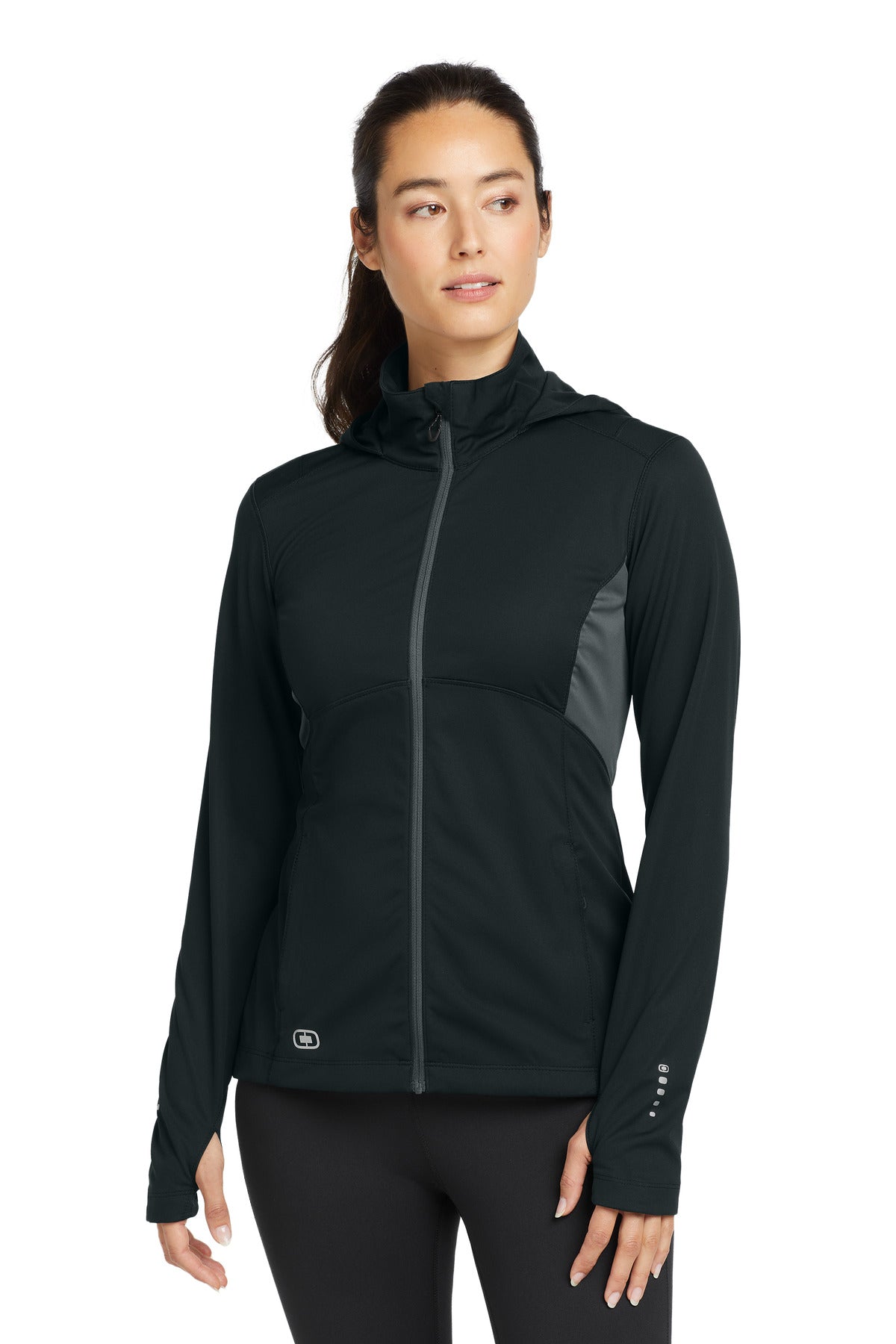 Front View of Blktp/Gear Gry OGIO Women's Pivot Soft Shell. LOE721