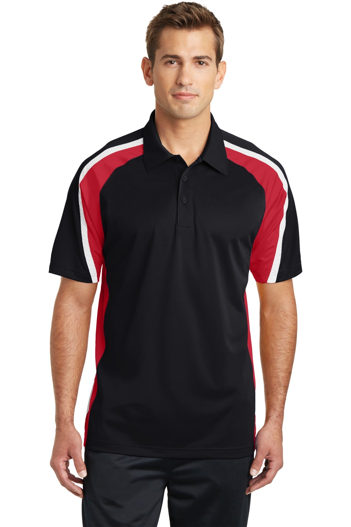Front View of Blk/Tr Red/Wht Sport-Tek Tricolor Micropique Sport-Wick Polo. ST654