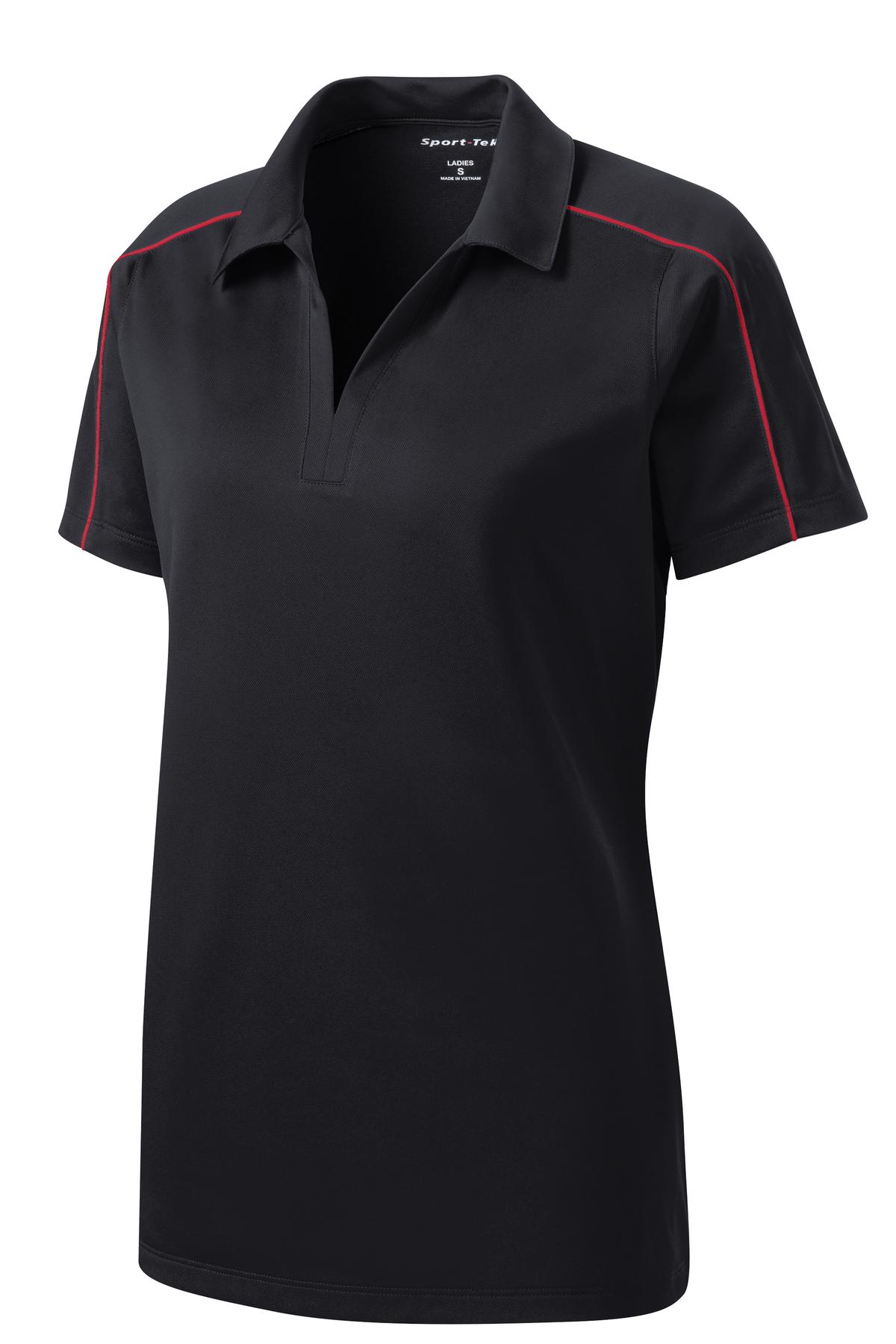 Front View of Blk/True Red Sport-Tek Women's Micropique Sport-Wick Piped Polo. LST653