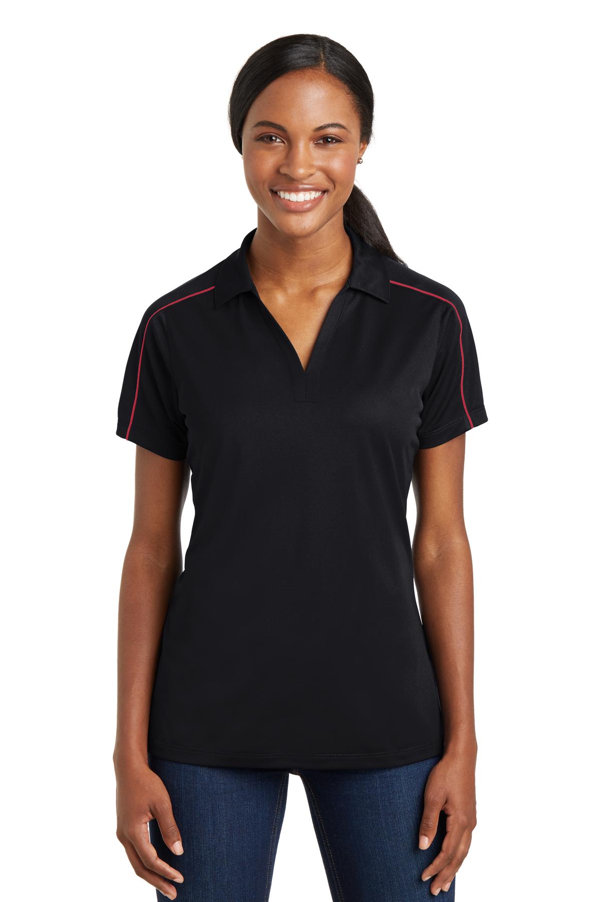 Front View of Blk/True Red Sport-Tek Women's Micropique Sport-Wick Piped Polo. LST653