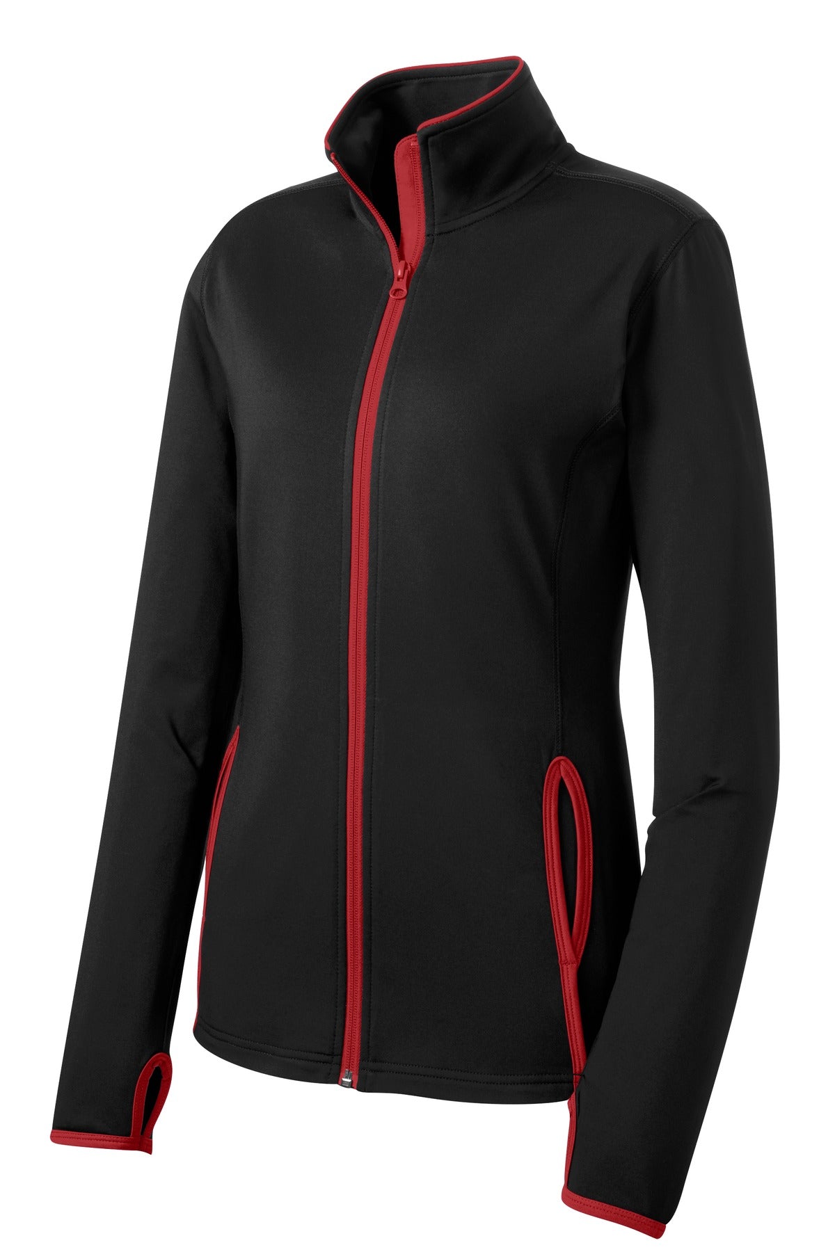 Front View of Blk/True Red Sport-Tek Women's Sport-Wick Stretch Contrast Full-Zip Jacket. LST853