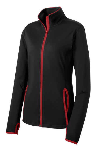 Front View of Blk/True Red Sport-Tek Women's Sport-Wick Stretch Contrast Full-Zip Jacket. LST853