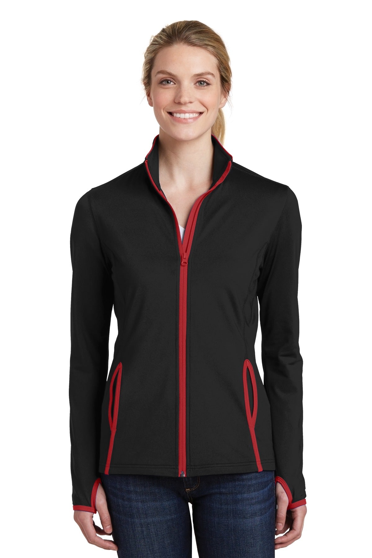 Front View of Blk/True Red Sport-Tek Women's Sport-Wick Stretch Contrast Full-Zip Jacket. LST853
