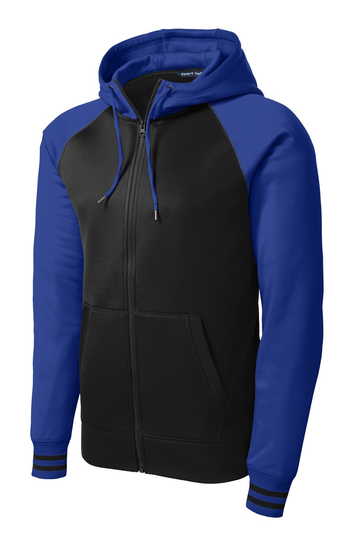 Front View of Blk/True Royal Sport-Tek Sport-Wick Varsity Fleece Full-Zip Hooded Jacket. ST236