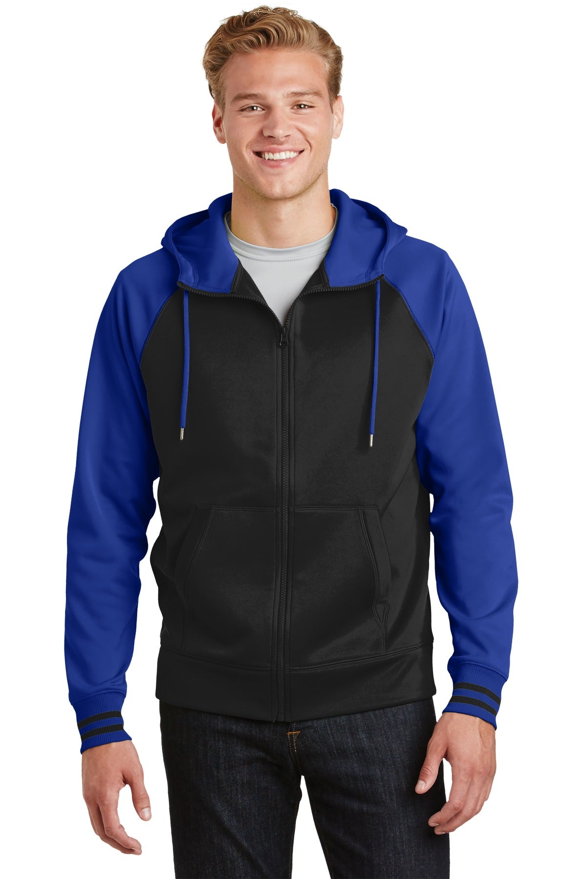 Front View of Blk/True Royal Sport-Tek Sport-Wick Varsity Fleece Full-Zip Hooded Jacket. ST236