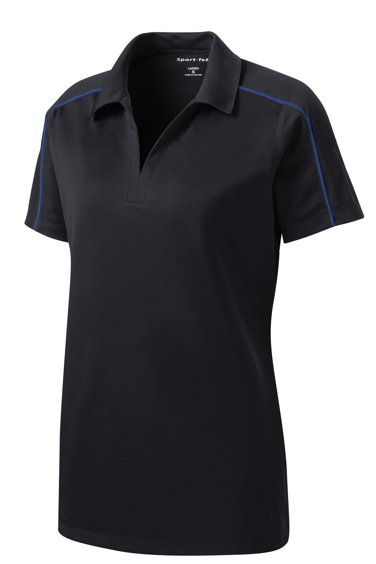 Front View of Blk/True Royal Sport-Tek Women's Micropique Sport-Wick Piped Polo. LST653