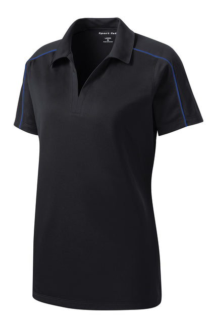 Front View of Blk/True Royal Sport-Tek Women's Micropique Sport-Wick Piped Polo. LST653
