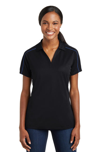 Front View of Blk/True Royal Sport-Tek Women's Micropique Sport-Wick Piped Polo. LST653