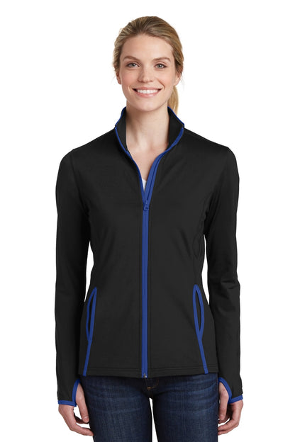 Front View of Blk/True Royal Sport-Tek Women's Sport-Wick Stretch Contrast Full-Zip Jacket. LST853