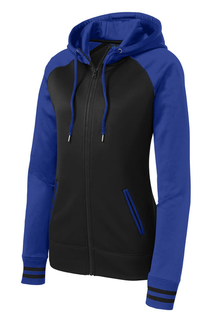 Front View of Blk/True Royal Sport-Tek Women's Sport-Wick Varsity Fleece Full-Zip Hooded Jacket. LST236